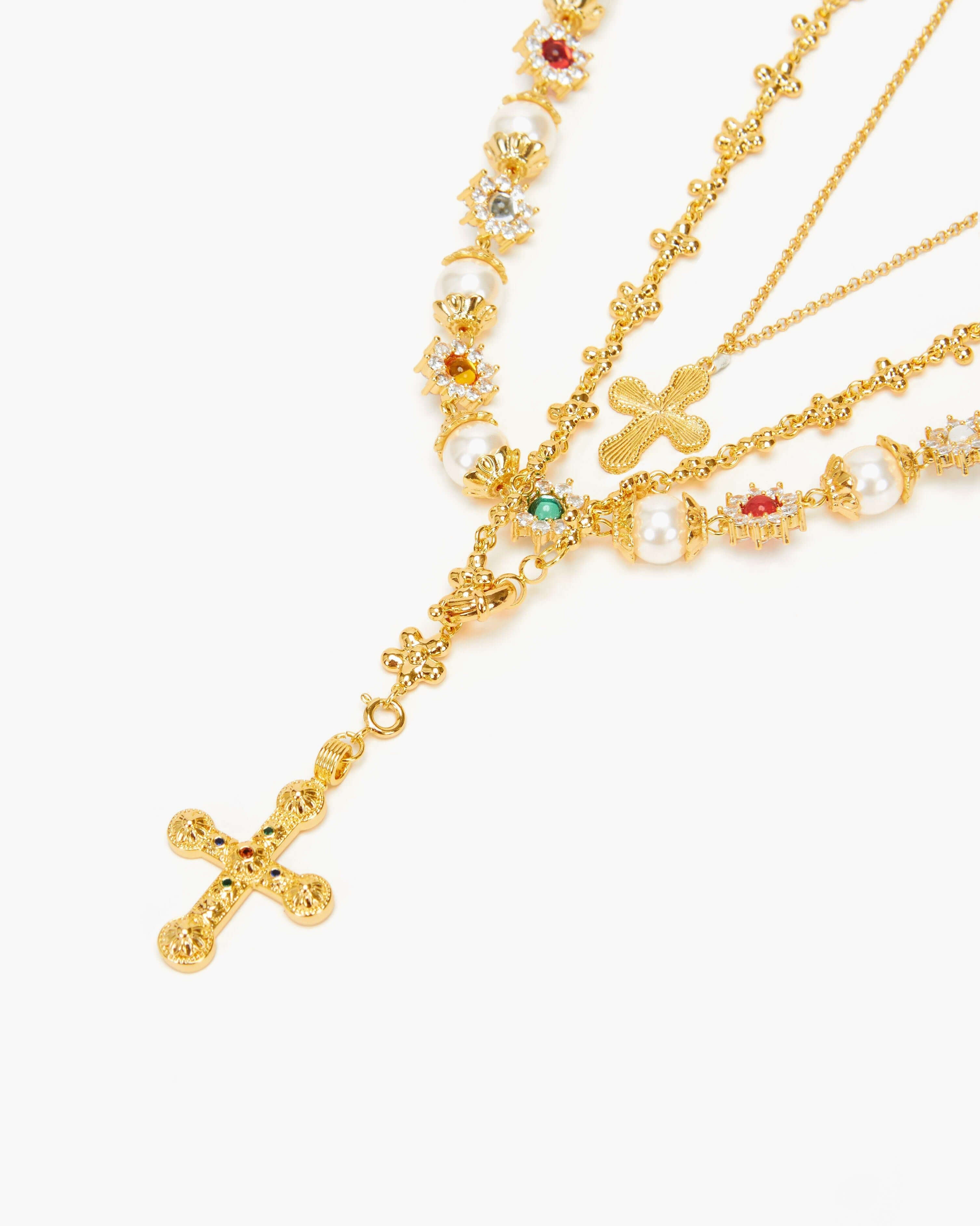 Urban Glam Set Cross Daisy Pearl Necklace Set
