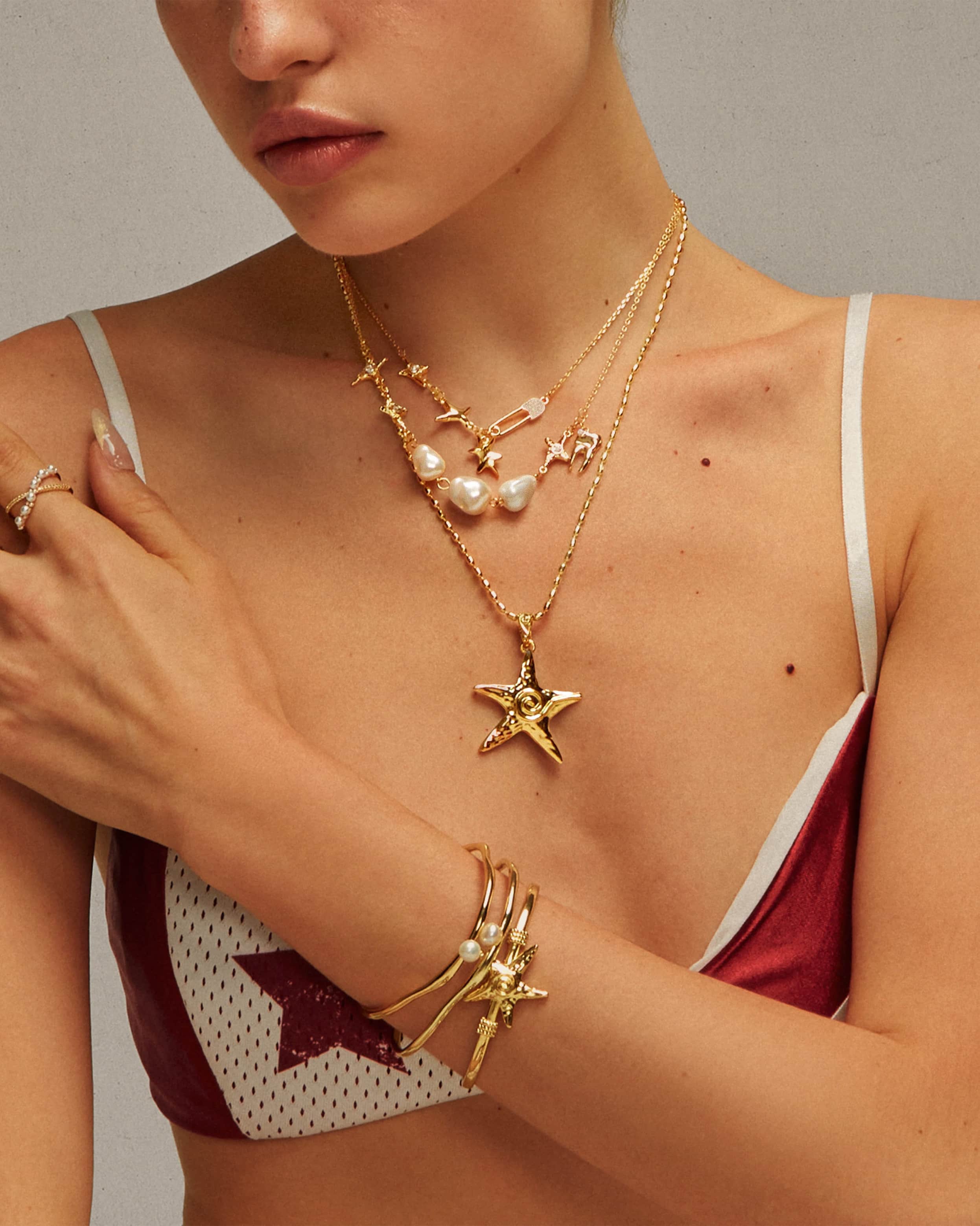 Gold Starfish Gold-Tone Wave Charm Necklace