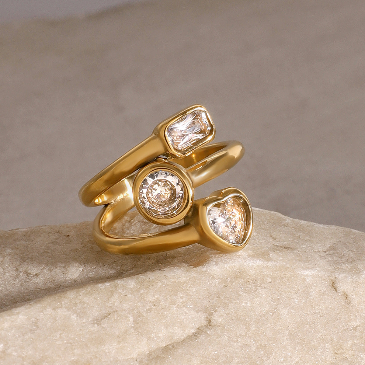 Amelina Layered Diamond Simulant 18K Gold-Plated Stainless Steel Ring