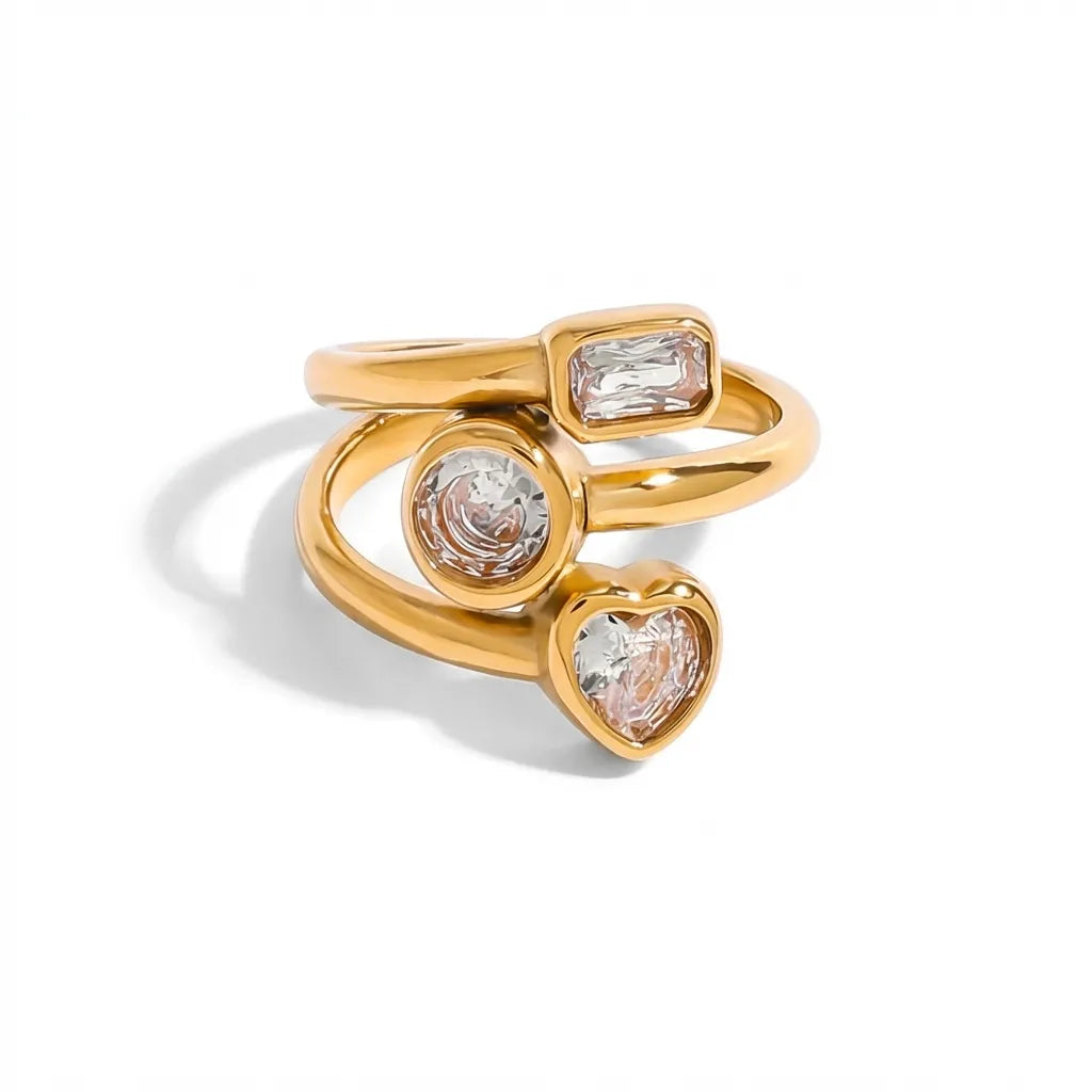 Amelina Layered Diamond Simulant 18K Gold-Plated Stainless Steel Ring