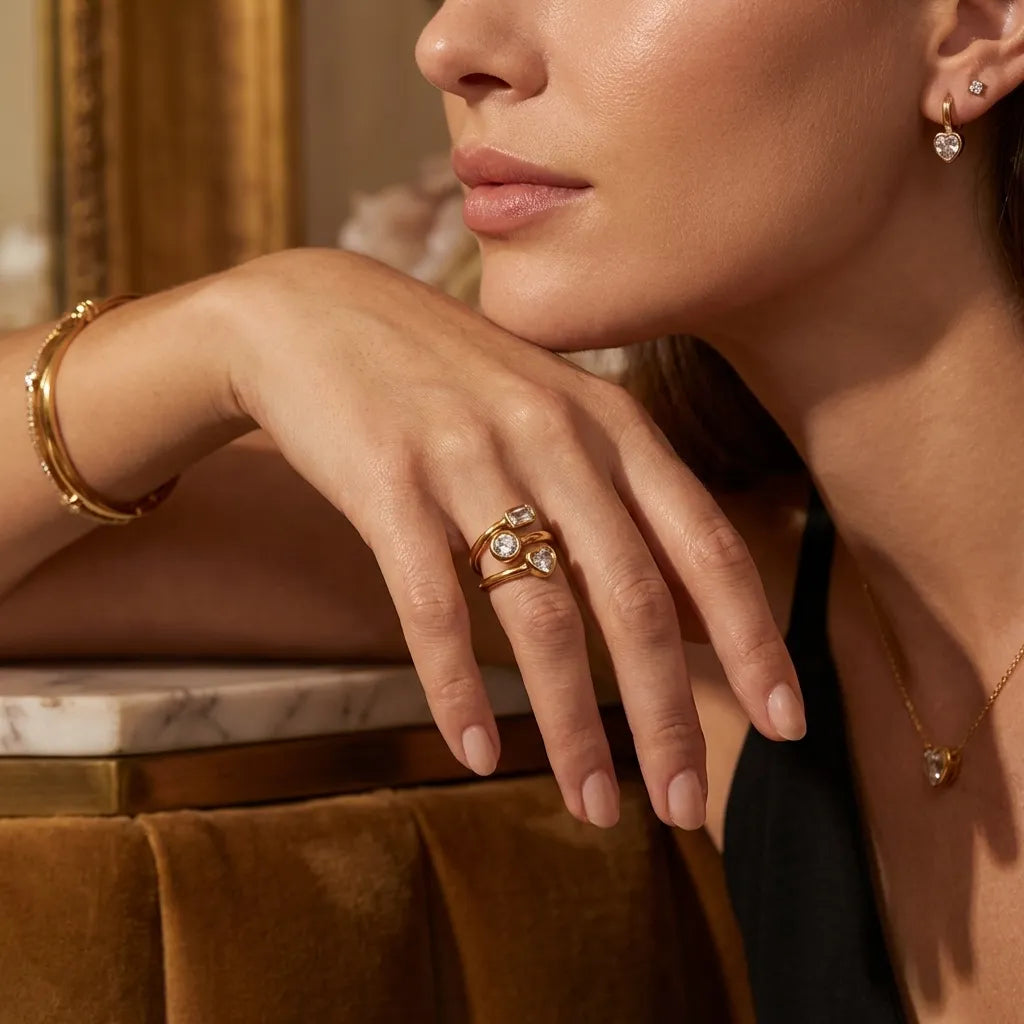 Amelina Layered Diamond Simulant 18K Gold-Plated Stainless Steel Ring