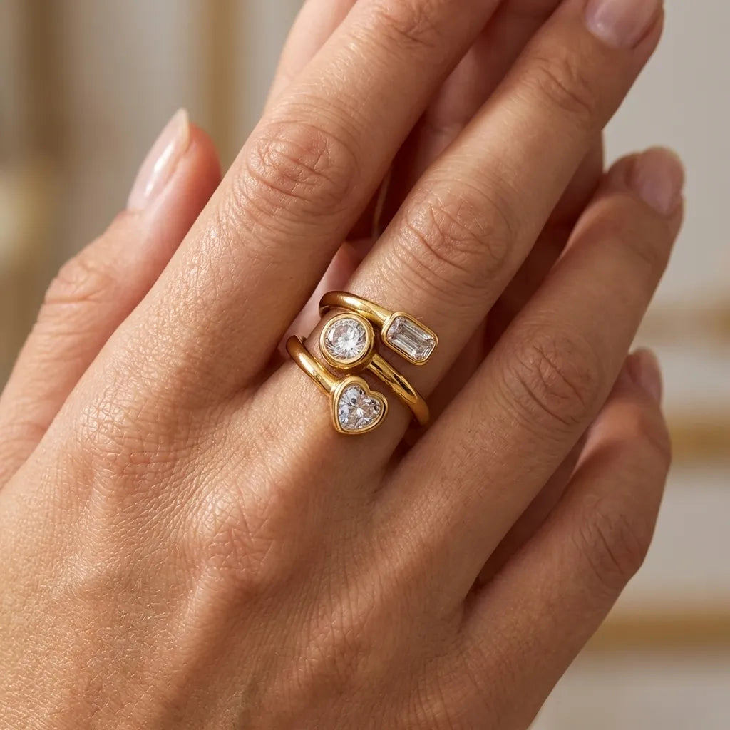 Amelina Layered Diamond Simulant 18K Gold-Plated Stainless Steel Ring