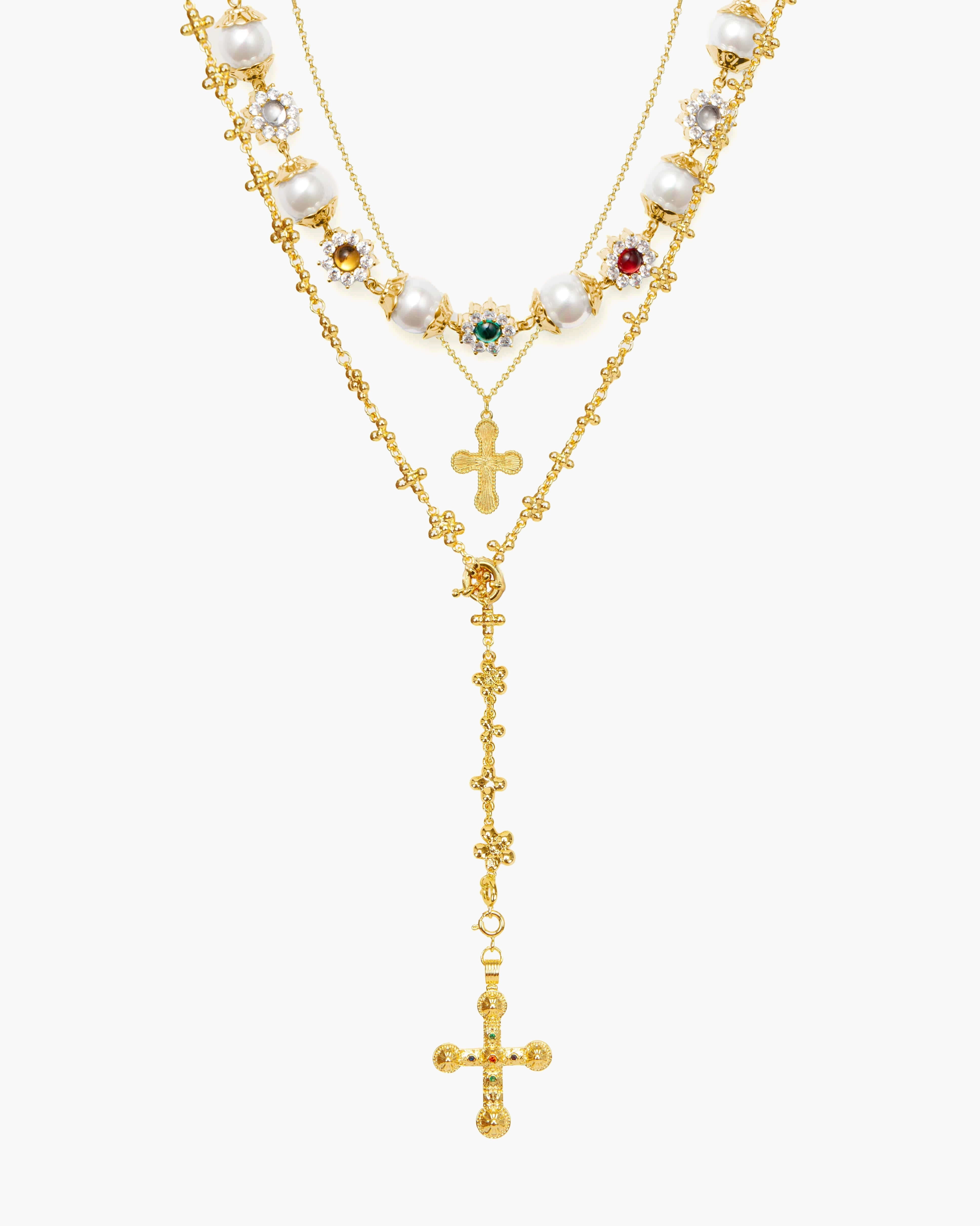 Urban Glam Set Cross Daisy Pearl Necklace Set